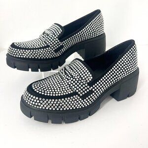 Sz 8- Madden NYC Henrietta Black Vegan Leather Rhinestone Platform Lug Loafers